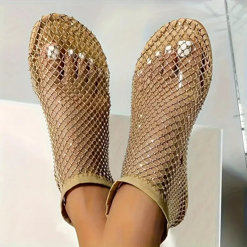 Sexy Rhinestone Nude Mesh Ankle Booties