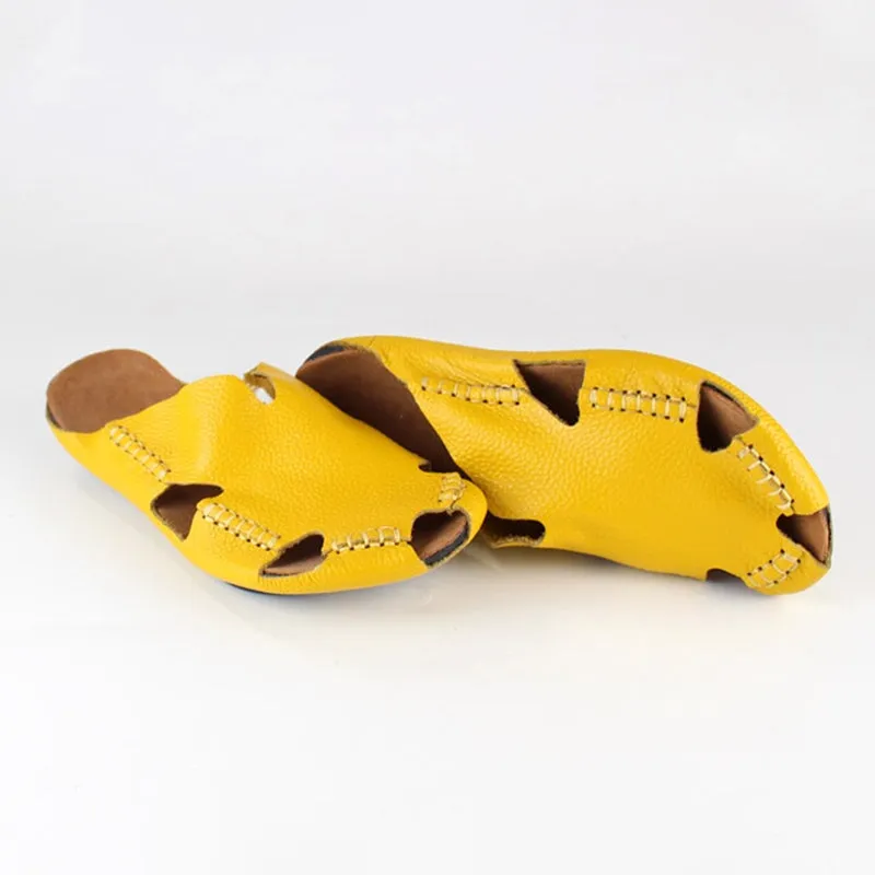 Soft Leather Summer Slippers Close Toe Handmade in Yellow/White/Red/Coffee