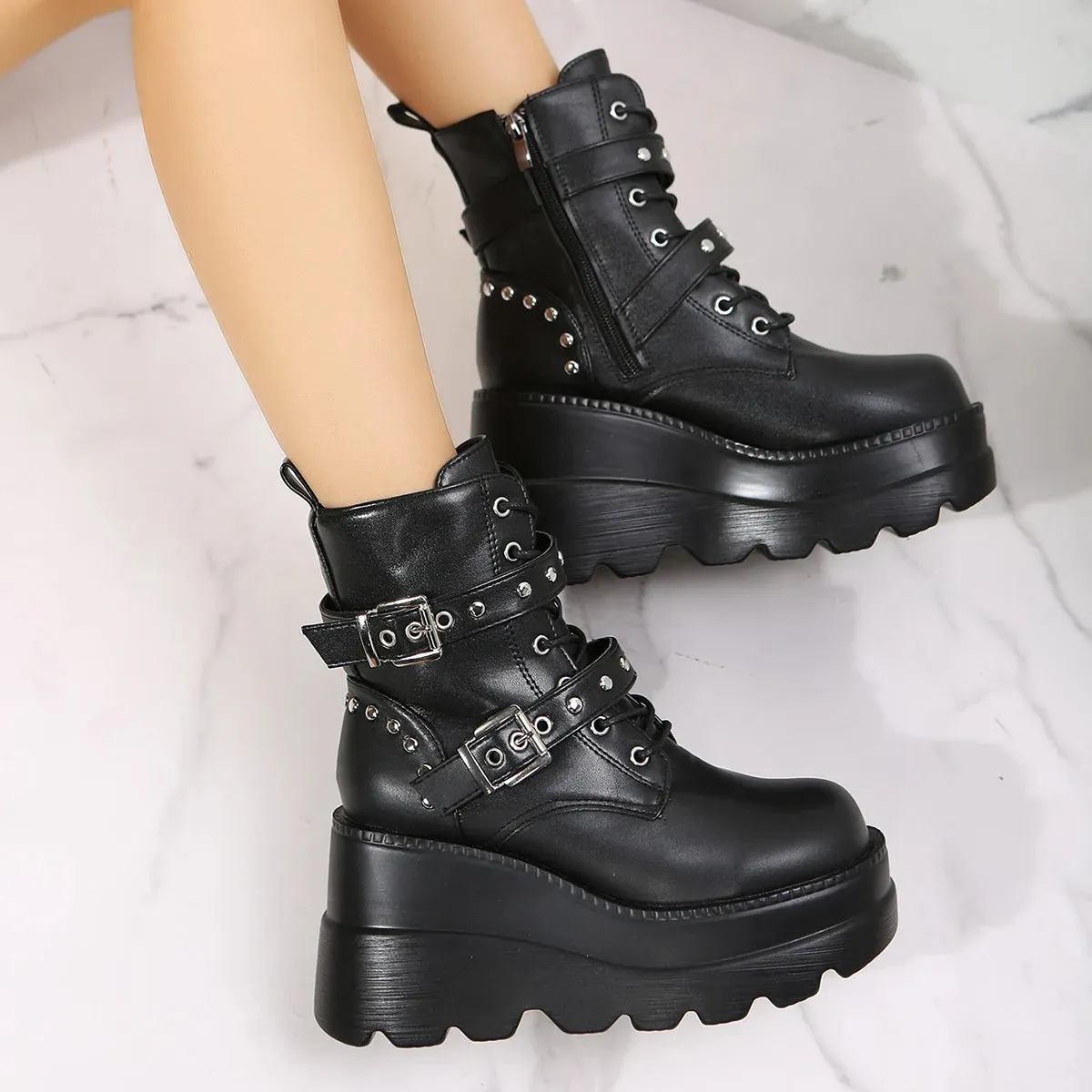 Sohiwoo Fashion Thick Sole Short Boots Belt Buckle Rock Punk Dark Fashion Boots Black Short Barrel Martin Boots