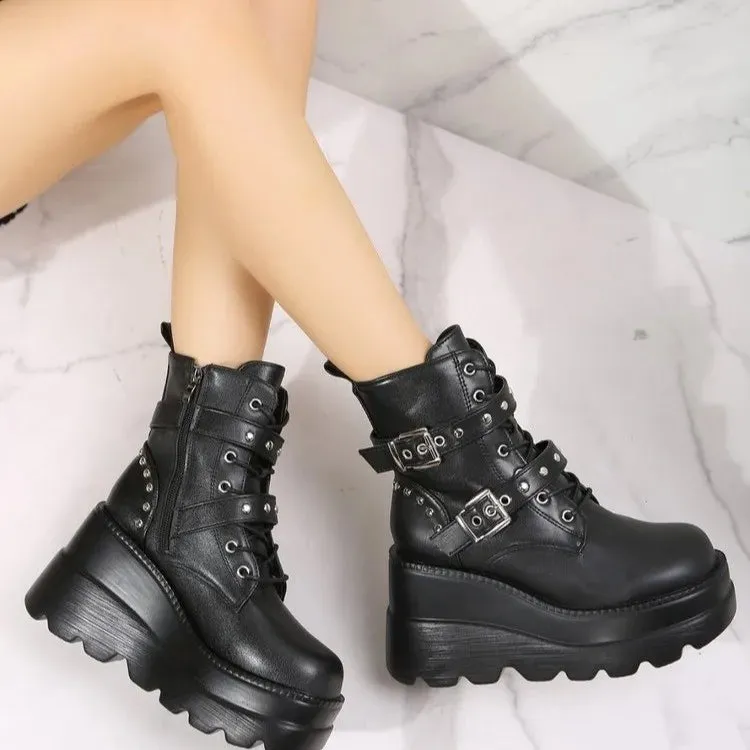 Sohiwoo Fashion Thick Sole Short Boots Belt Buckle Rock Punk Dark Fashion Boots Black Short Barrel Martin Boots