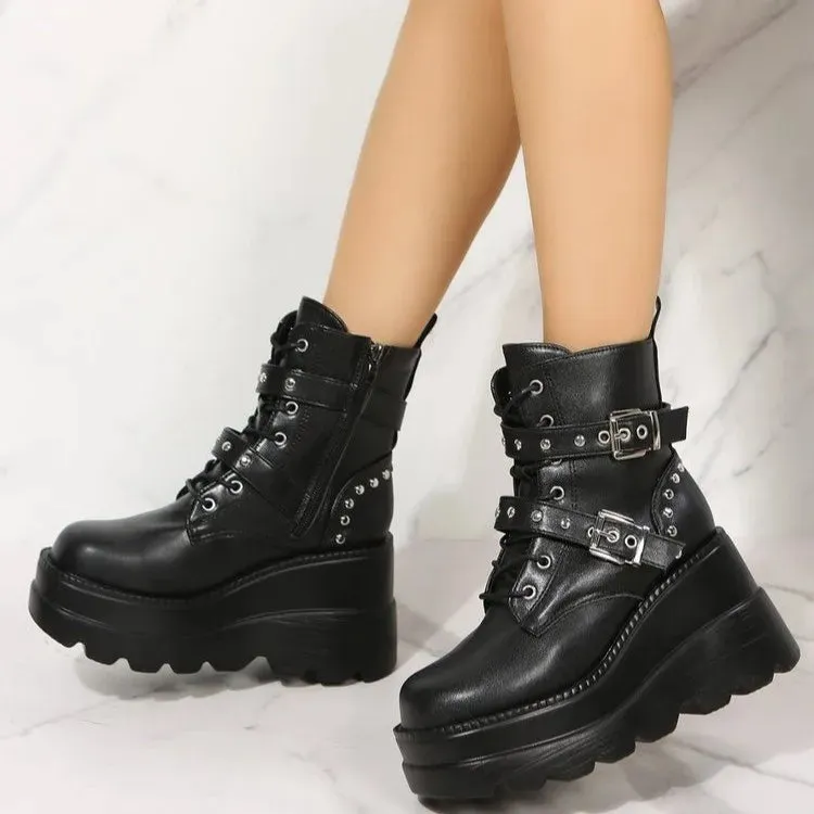 Sohiwoo Fashion Thick Sole Short Boots Belt Buckle Rock Punk Dark Fashion Boots Black Short Barrel Martin Boots