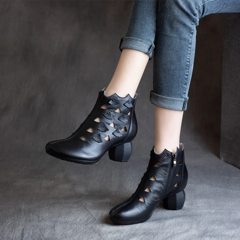 Spring Retro Leather Hollow Women Chunky Boots