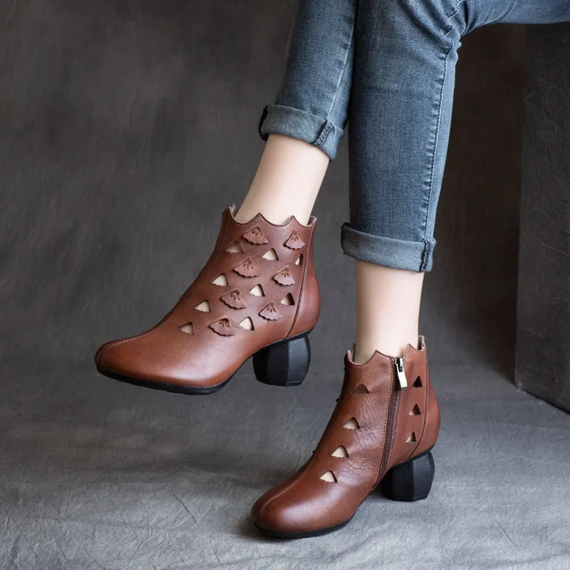 Spring Retro Leather Hollow Women Chunky Boots