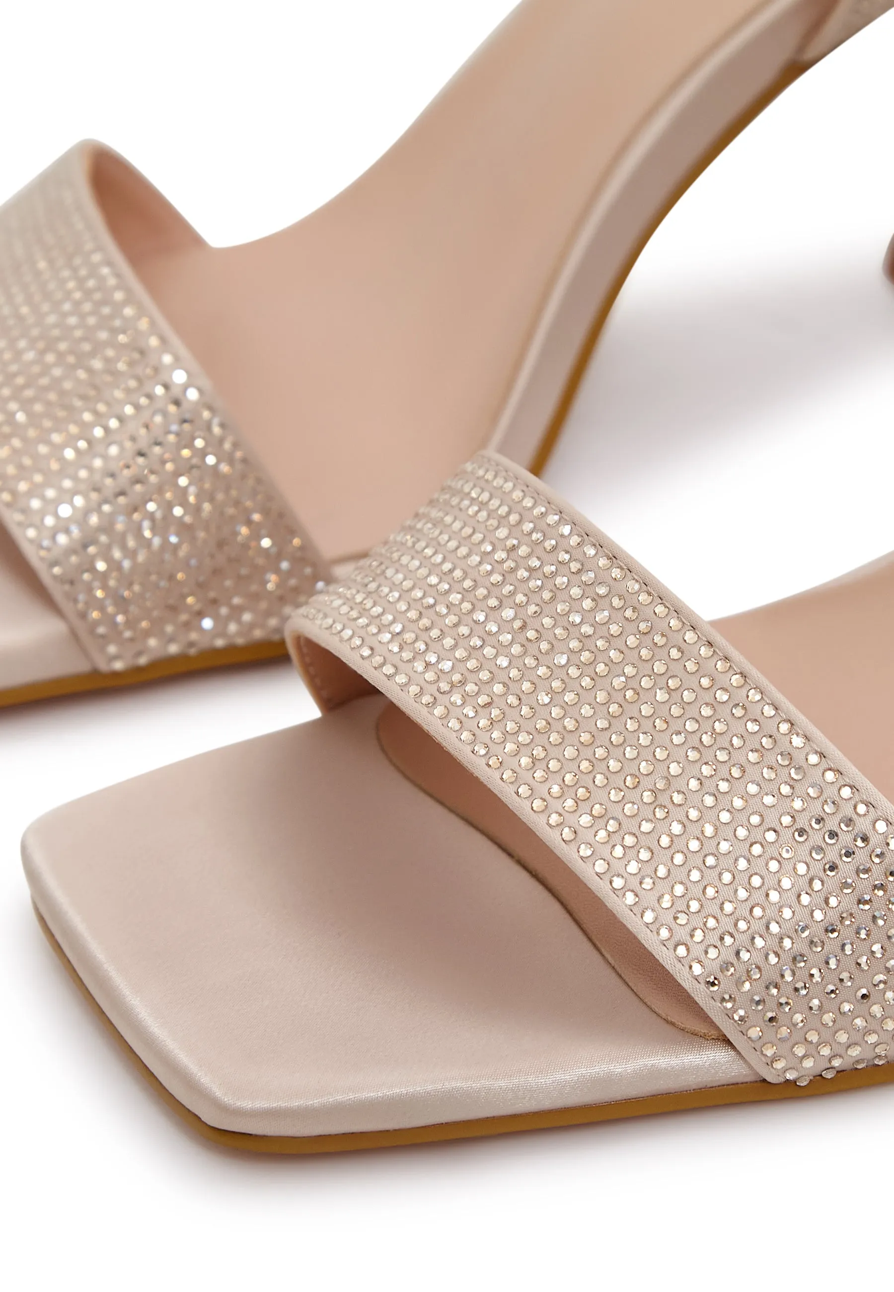 Strappy Block Heel Sandals with Rhinestones - Gold