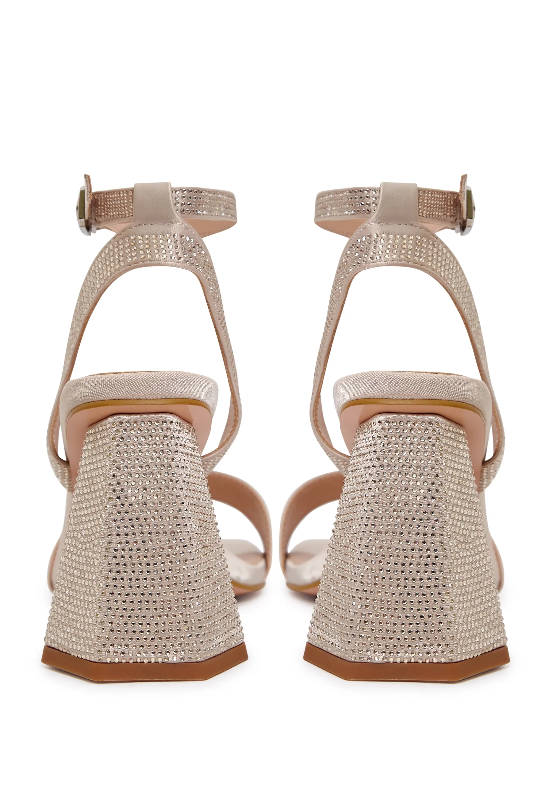 Strappy Block Heel Sandals with Rhinestones - Gold