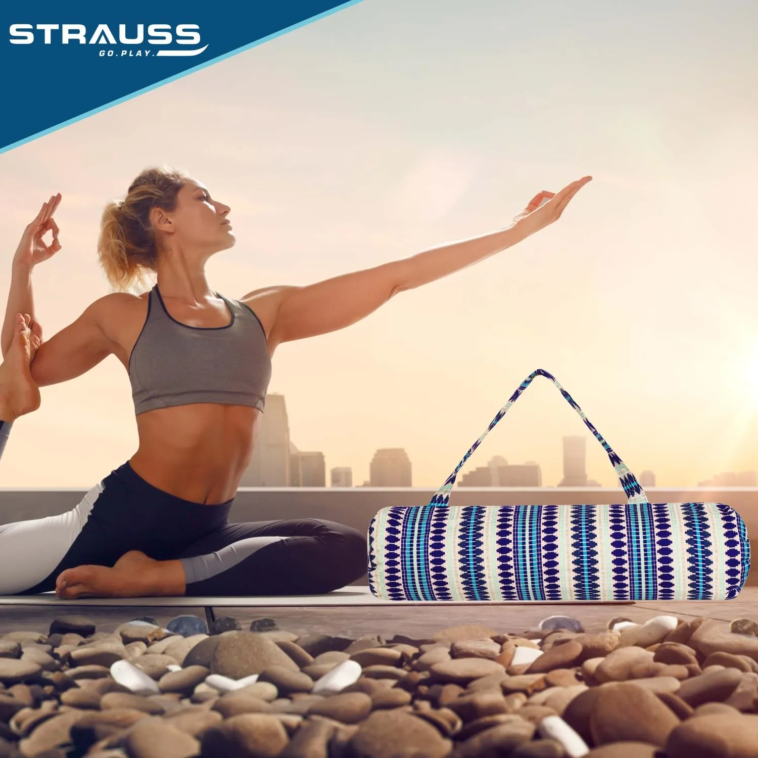 STRAUSS Jacquard Yoga Mat Bag | for Both Men and Women |Breathable, Durable and Long- Lasting| Suitable for Yoga Mat, Travel and Gym | Eco- Friendly and Washable (Blue Pattern)