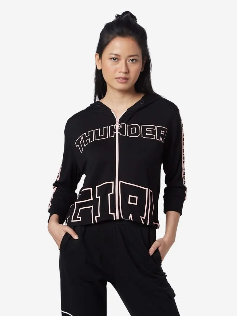 Studiofit Black Text Printed Hooded Jacket