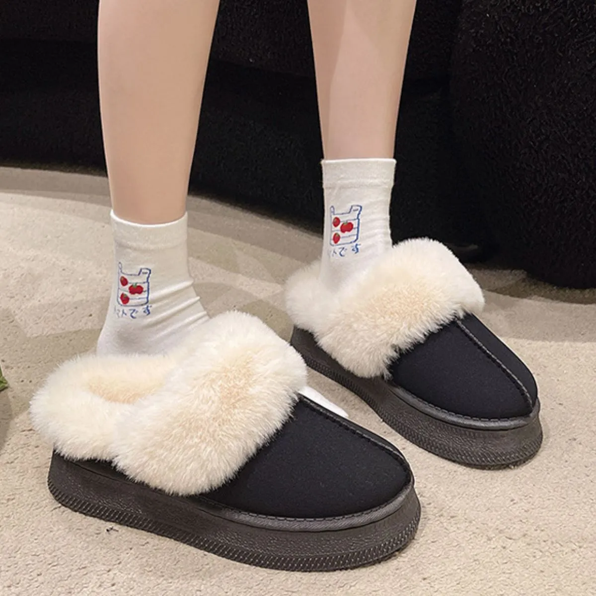 Suede Faux Fur Round Toe Platform Slippers