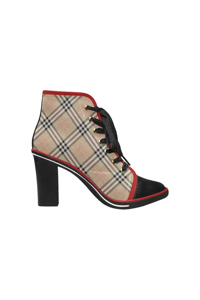 Tan Tartan Women's Lace Up Chunky Heel Ankle Booties (Model 054)