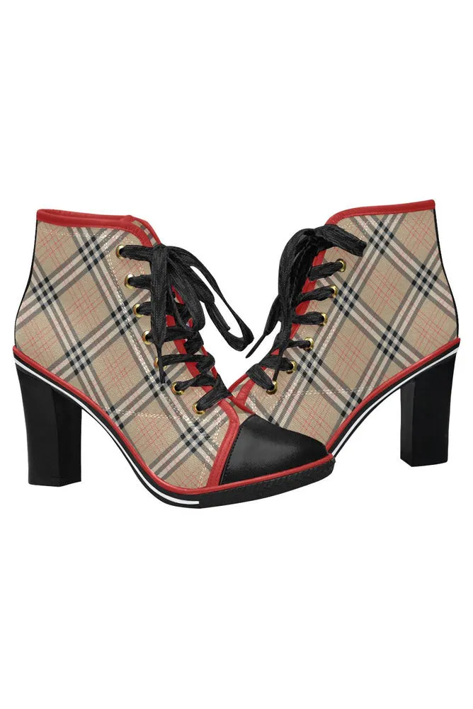 Tan Tartan Women's Lace Up Chunky Heel Ankle Booties (Model 054)