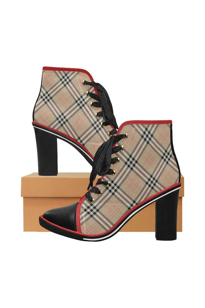 Tan Tartan Women's Lace Up Chunky Heel Ankle Booties (Model 054)