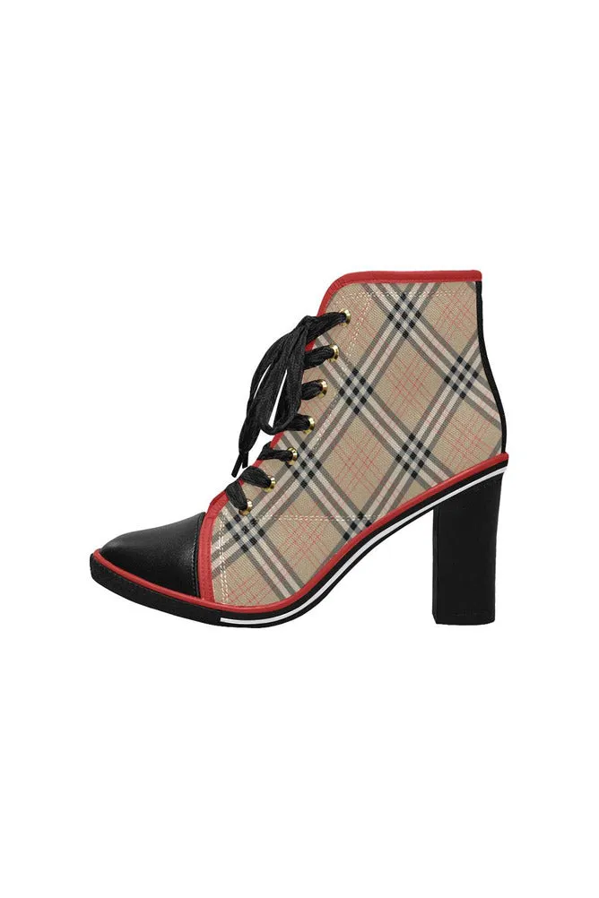 Tan Tartan Women's Lace Up Chunky Heel Ankle Booties (Model 054)