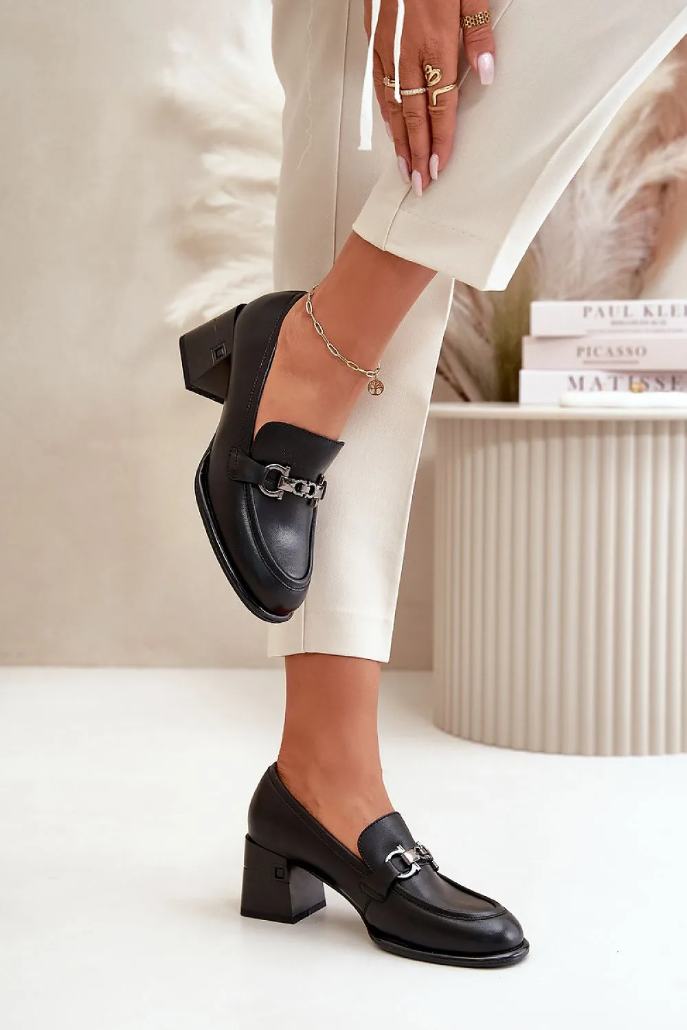 TEEK - Black Chain Accent Link Heeled Loafers