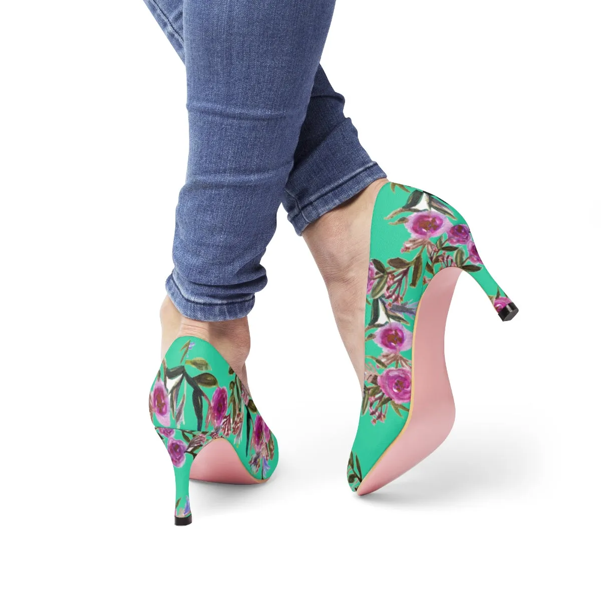 Turquoise Blue Floral Heels, Garden Purple Pink Rose Designer Women's 3" High Heels