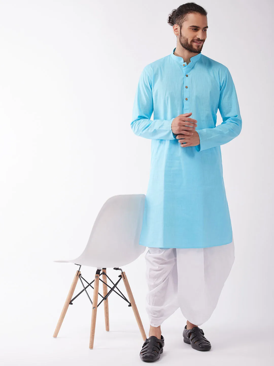 VASTRAMAY Aqua Blue Cotton Kurta Dhoti