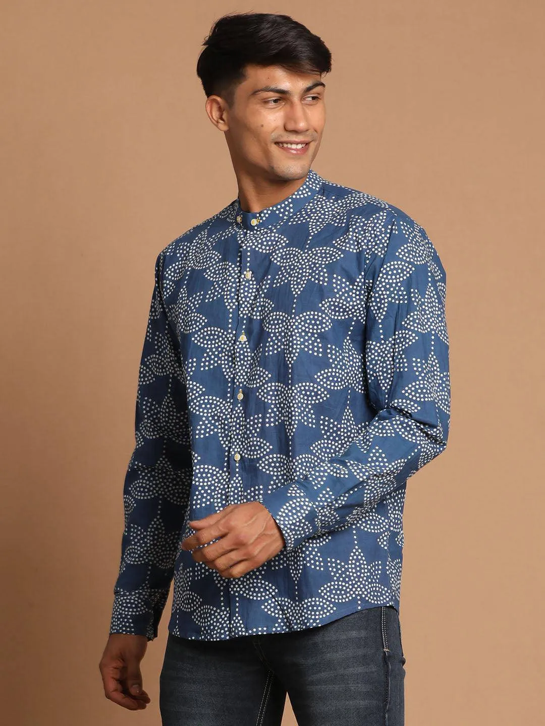 VASTRAMAY Aqua Blue Printed Men's Shirt