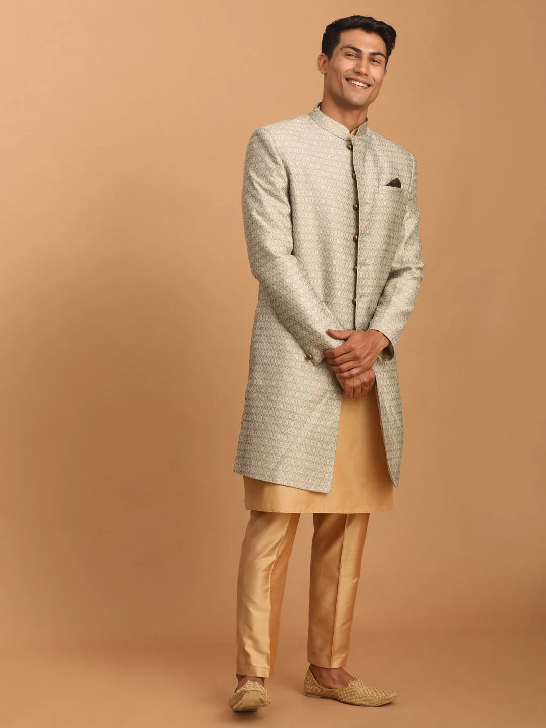 VASTRAMAY Beige Silk Sherwani Set