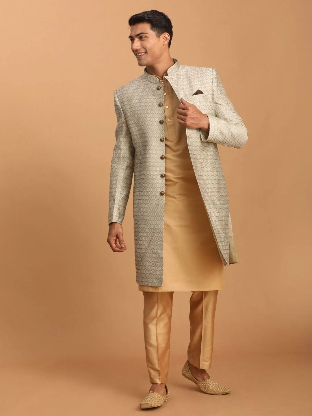 VASTRAMAY Beige Silk Sherwani Set