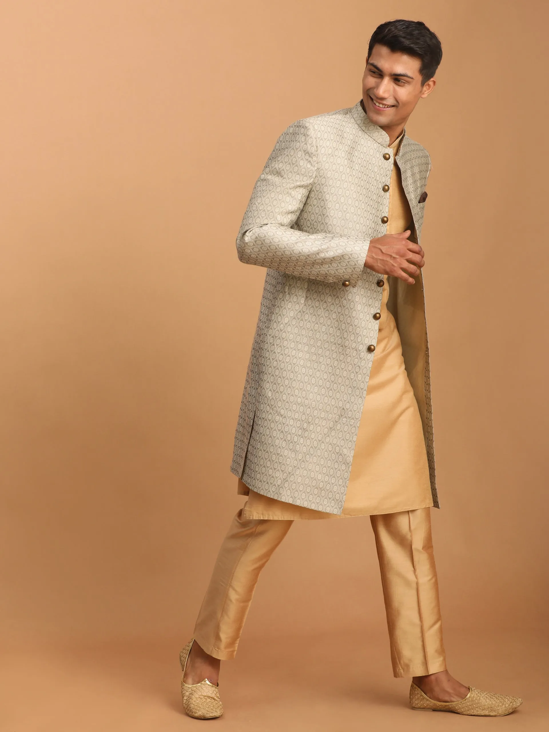 VASTRAMAY Beige Silk Sherwani Set