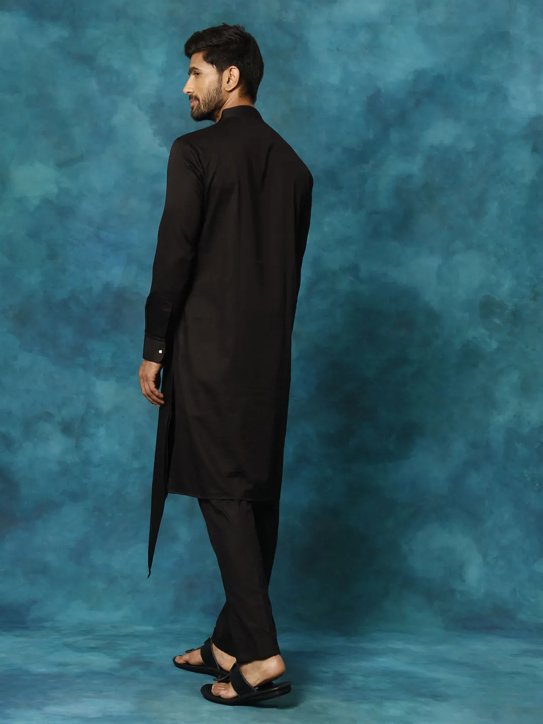 VASTRAMAY Black Cotton Satin Kurta Pyjama