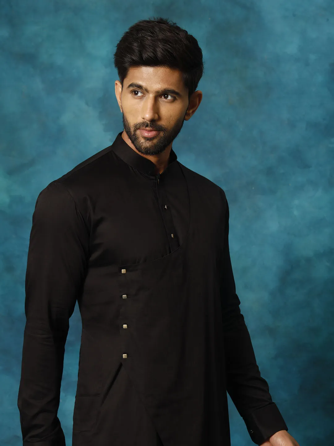 VASTRAMAY Black Cotton Satin Kurta Pyjama