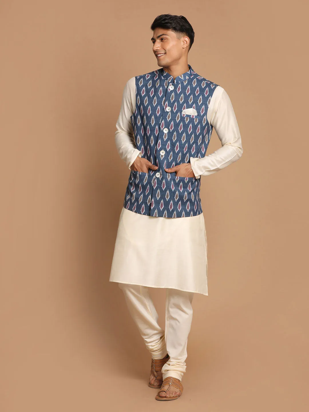 VASTRAMAY Grey Printed Cotton Nehru Jacket