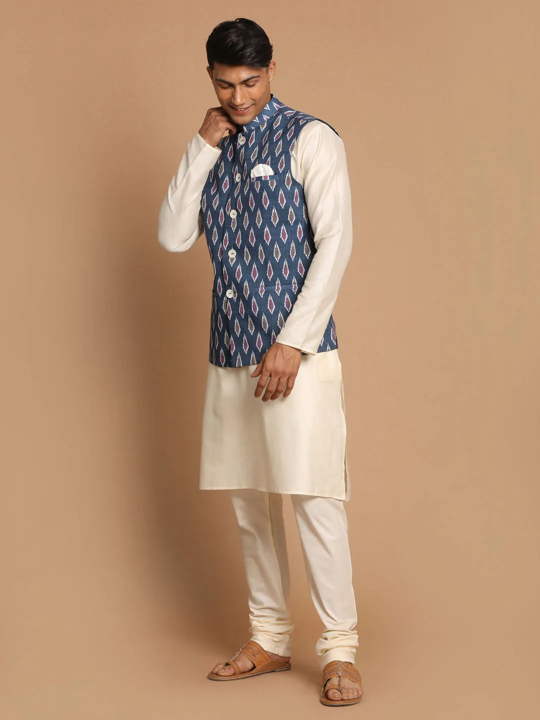 VASTRAMAY Grey Printed Cotton Nehru Jacket