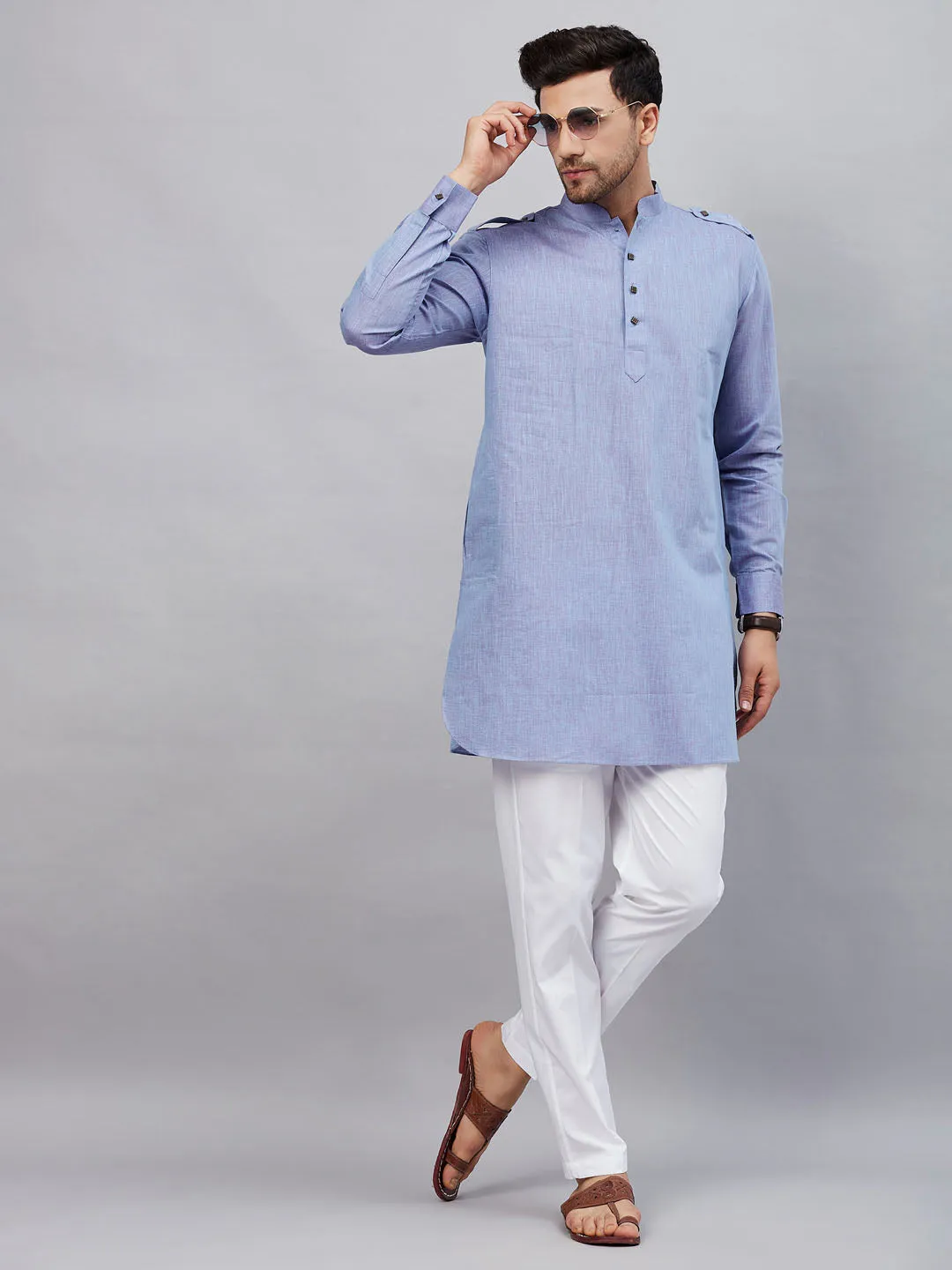 VASTRAMAY Men's Blue Kurta White Pant