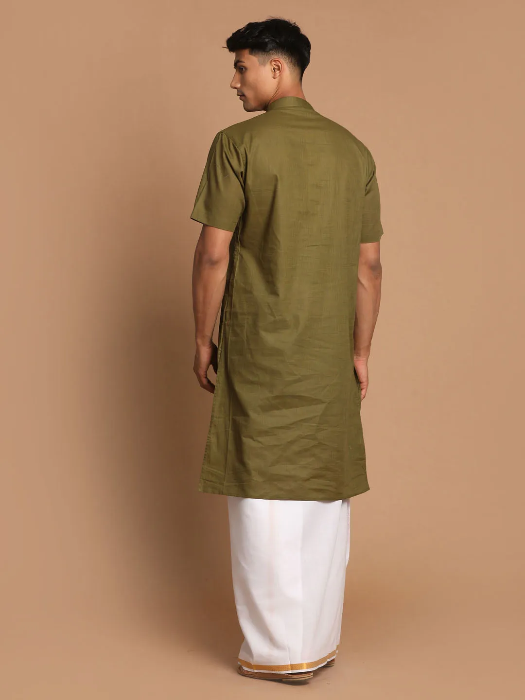 Vastramay Olive Green Cotton Kurta And Mundu