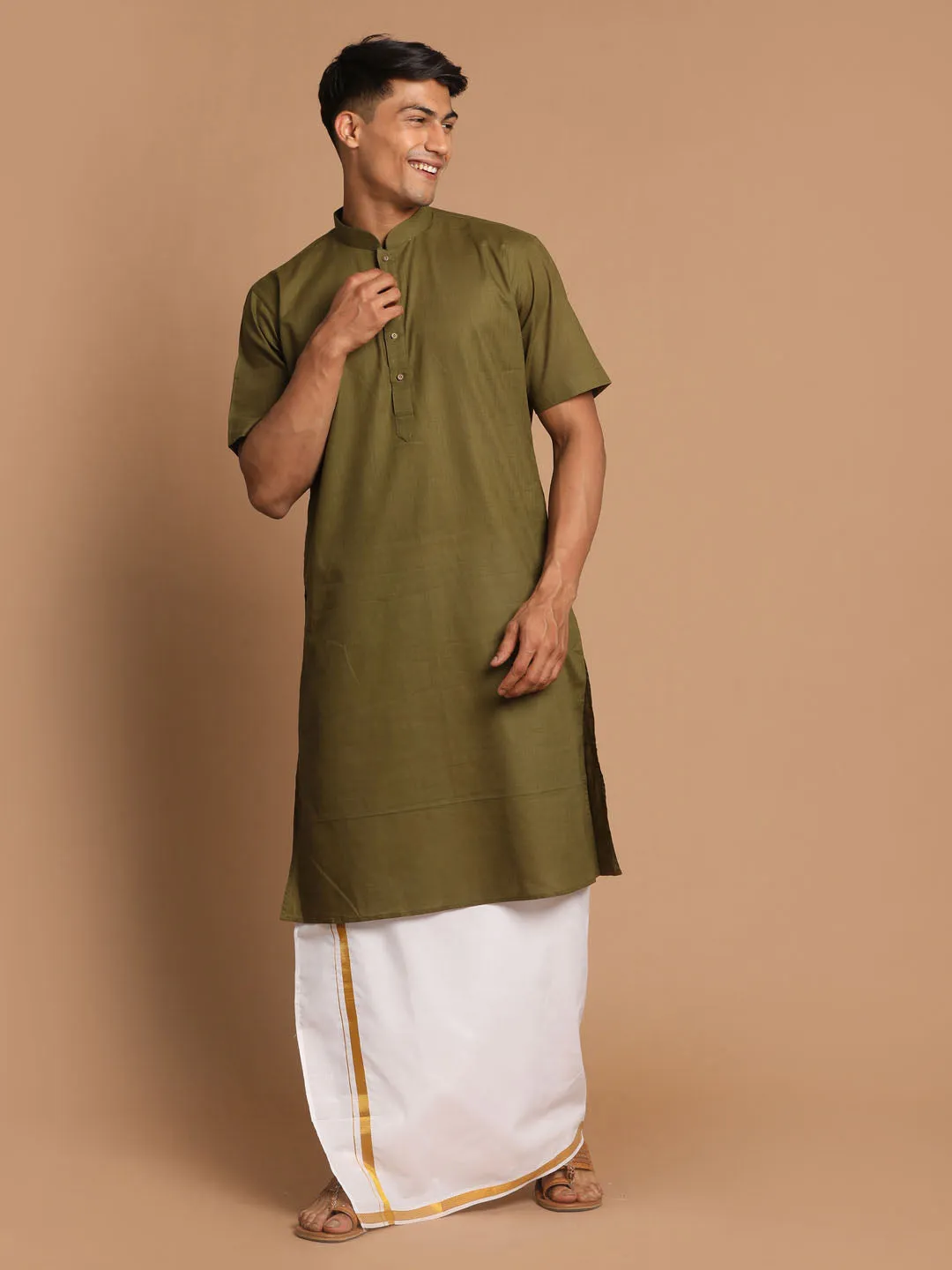 Vastramay Olive Green Cotton Kurta And Mundu