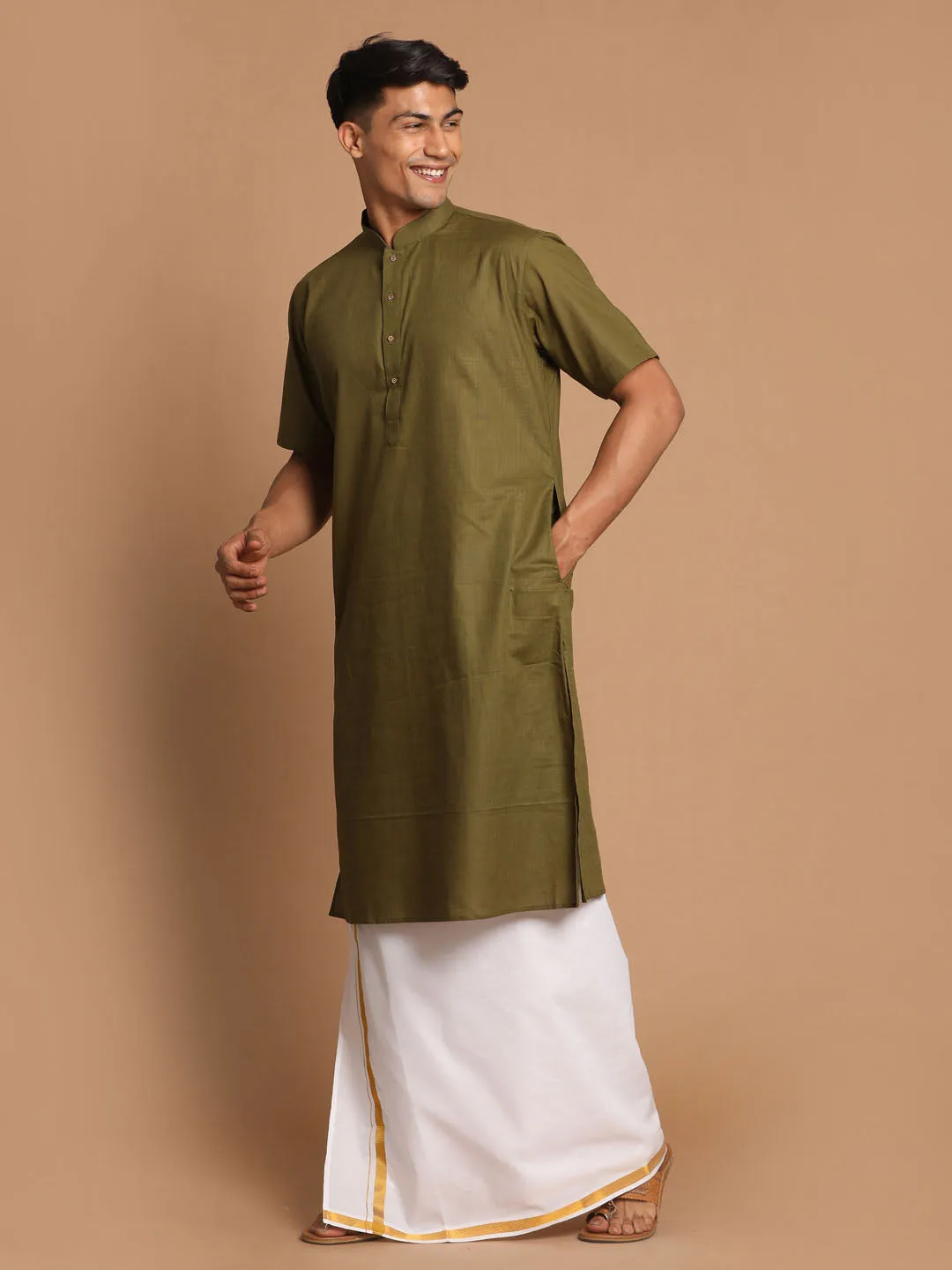 Vastramay Olive Green Cotton Kurta And Mundu