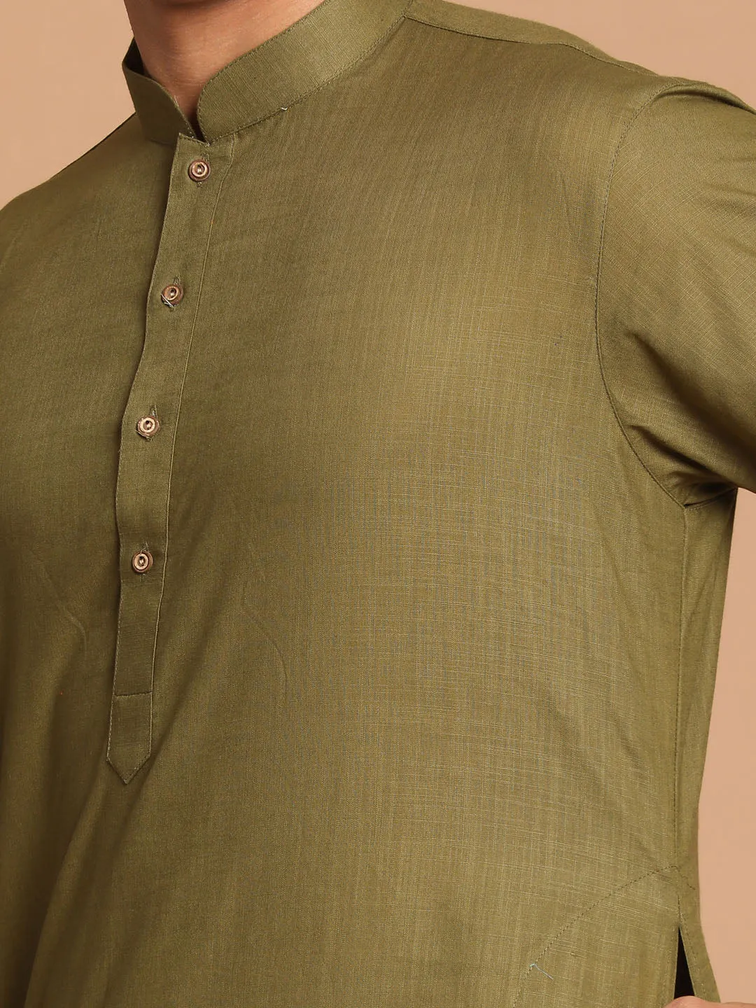 Vastramay Olive Green Cotton Kurta And Mundu