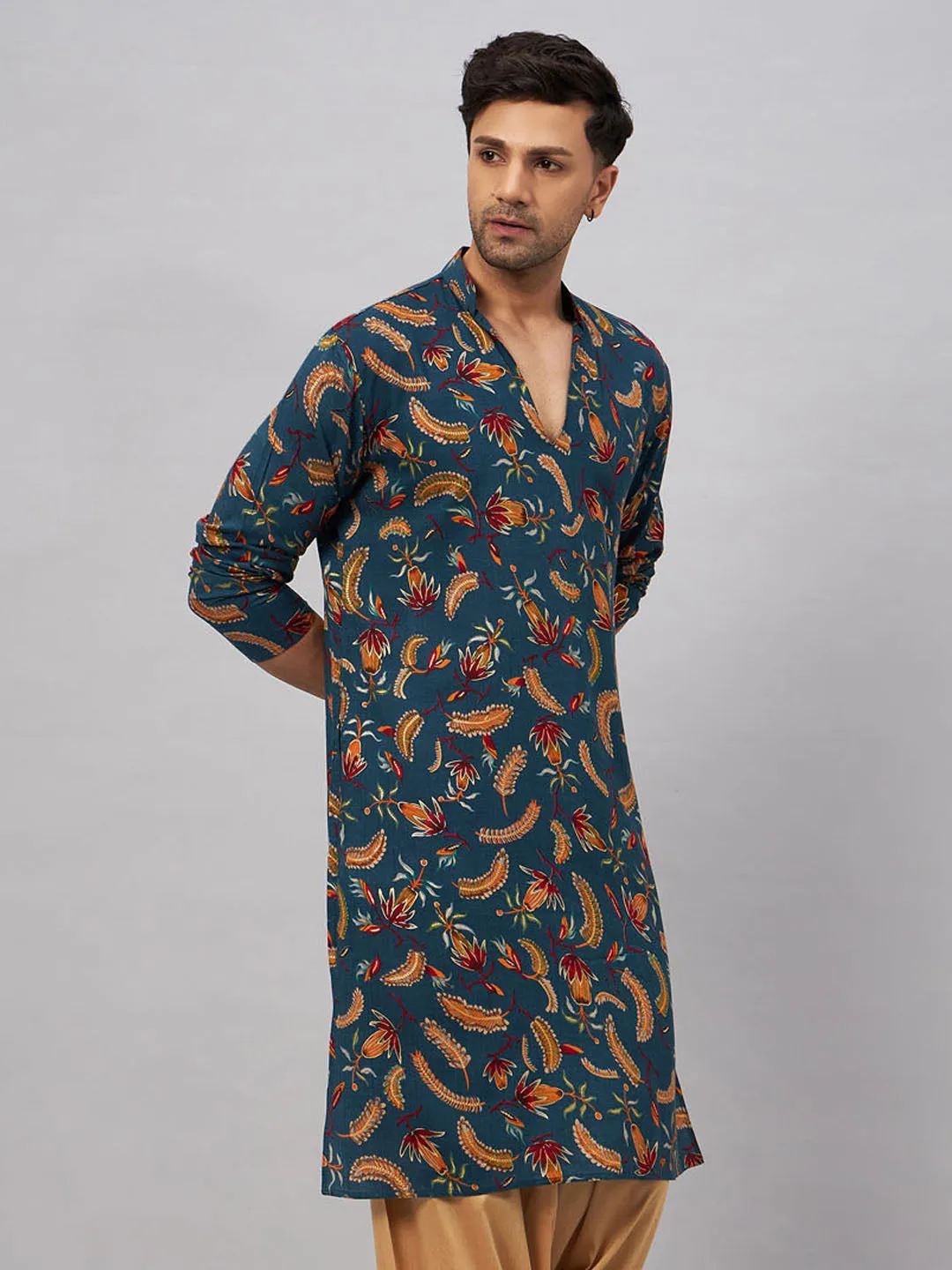 VM BY VASTRAMAY Men's Blue Printed Kurta