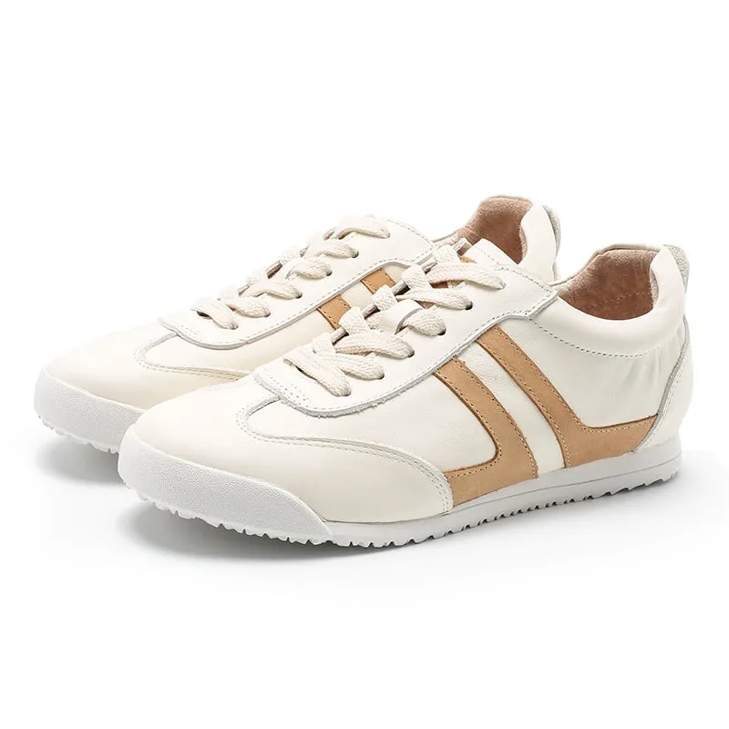 White Shoes for Women Army Trainer Leather Sneakers - Beige/Apricot/Black/Pink