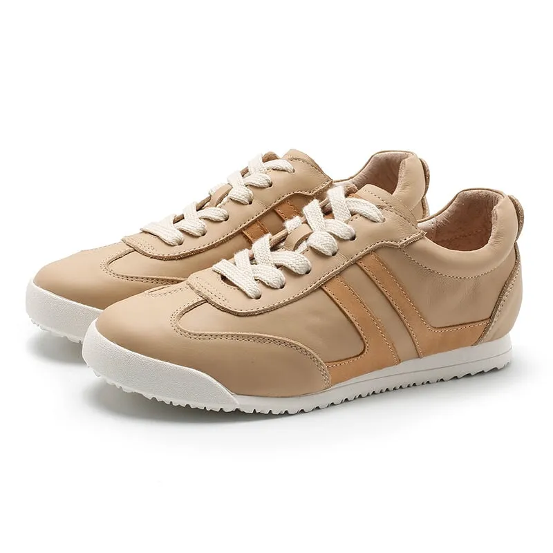 White Shoes for Women Army Trainer Leather Sneakers - Beige/Apricot/Black/Pink