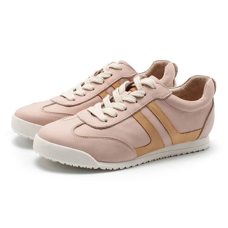 White Shoes for Women Army Trainer Leather Sneakers - Beige/Apricot/Black/Pink