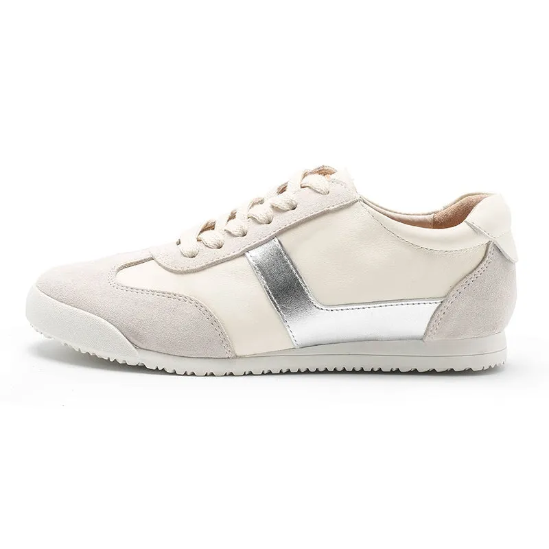 White Shoes for Women Army Trainer Leather Sneakers - Beige/Pink