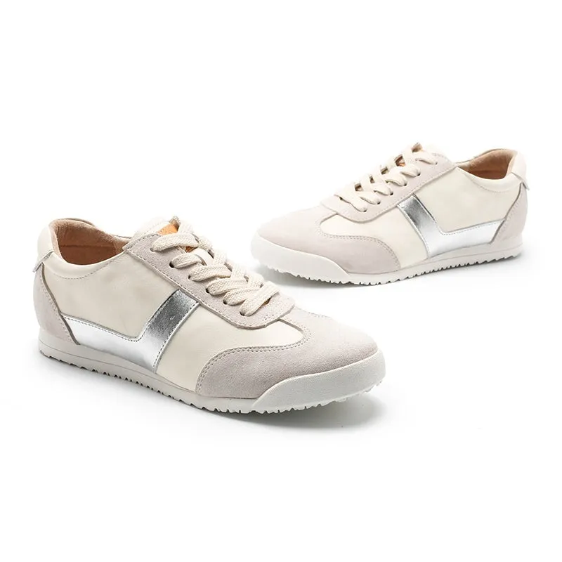 White Shoes for Women Army Trainer Leather Sneakers - Beige/Pink