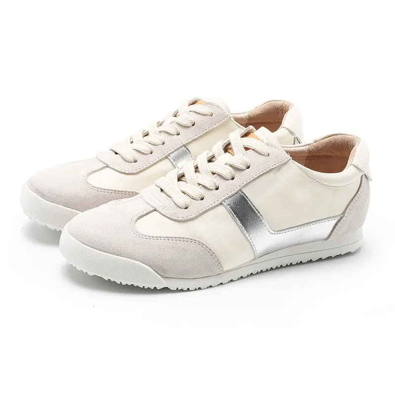 White Shoes for Women Army Trainer Leather Sneakers - Beige/Pink