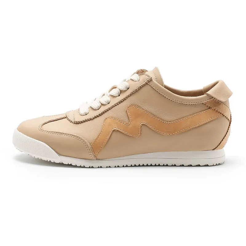 White Shoes for Women Army Trainer Leather Sneakers with M decoration - Beige/Pink/Apricot