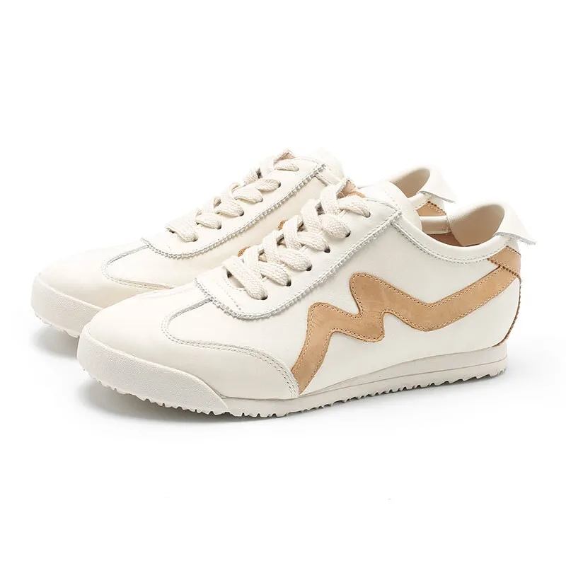 White Shoes for Women Army Trainer Leather Sneakers with M decoration - Beige/Pink/Apricot