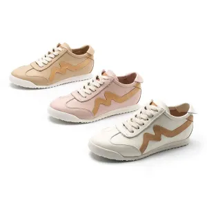 White Shoes for Women Army Trainer Leather Sneakers with M decoration - Beige/Pink/Apricot