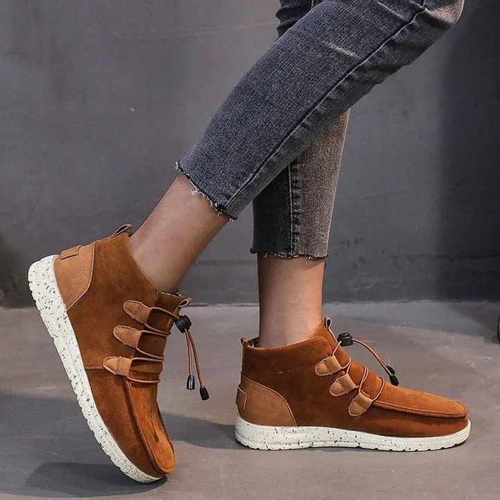 Winter Lace-up Woman Ankle Boots Mixed Leather Casual Flat Walking Running