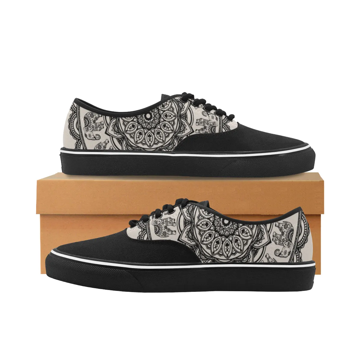 Women's Big Size Elephant Mandala Print Canvas Low Top Shoes