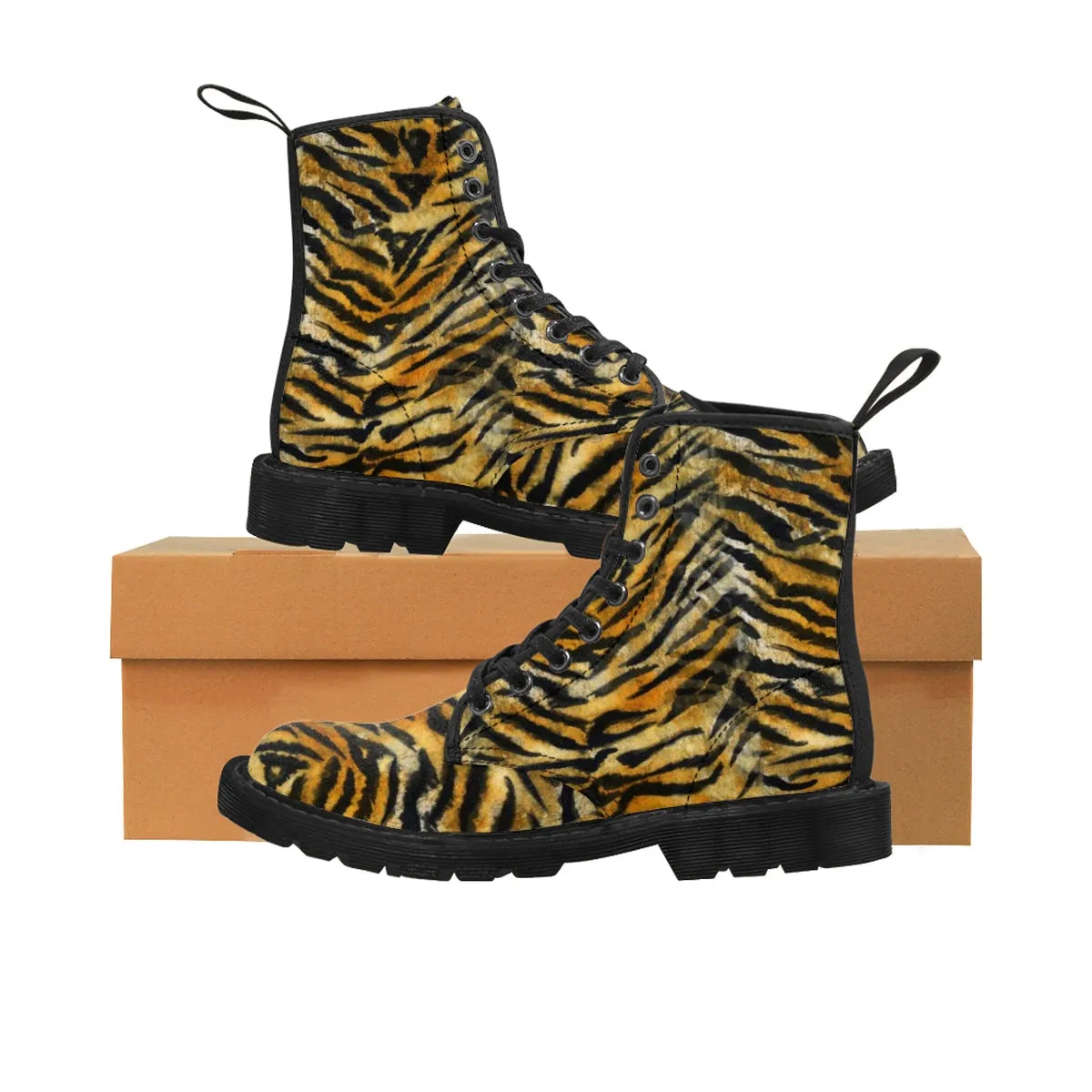 Women's Tiger Stripe Boots, Brown Bengal Tiger Print Winter Lace-up Toe Cap Boots Shoes