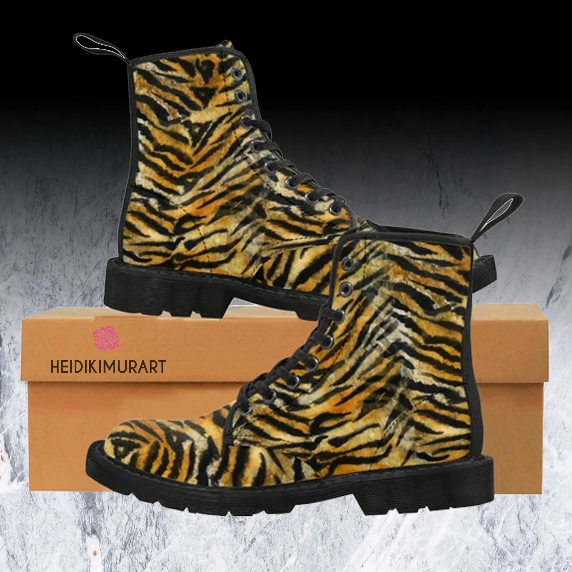 Women's Tiger Stripe Boots, Brown Bengal Tiger Print Winter Lace-up Toe Cap Boots Shoes