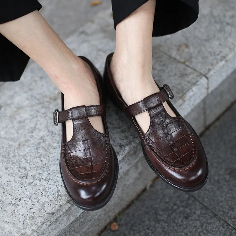 Woven Leather T Strap Mary Jane Shoes In Black/Coffee