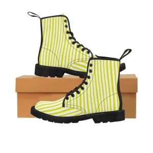 Yellow Striped Women's Canvas Boots, Vertically White Striped Print Winter Boots For Ladies