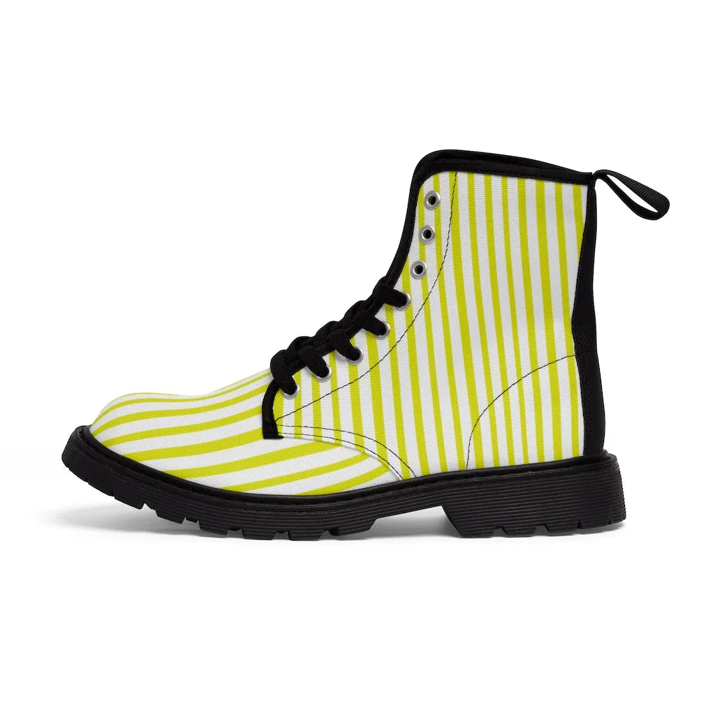 Yellow Striped Women's Canvas Boots, Vertically White Striped Print Winter Boots For Ladies