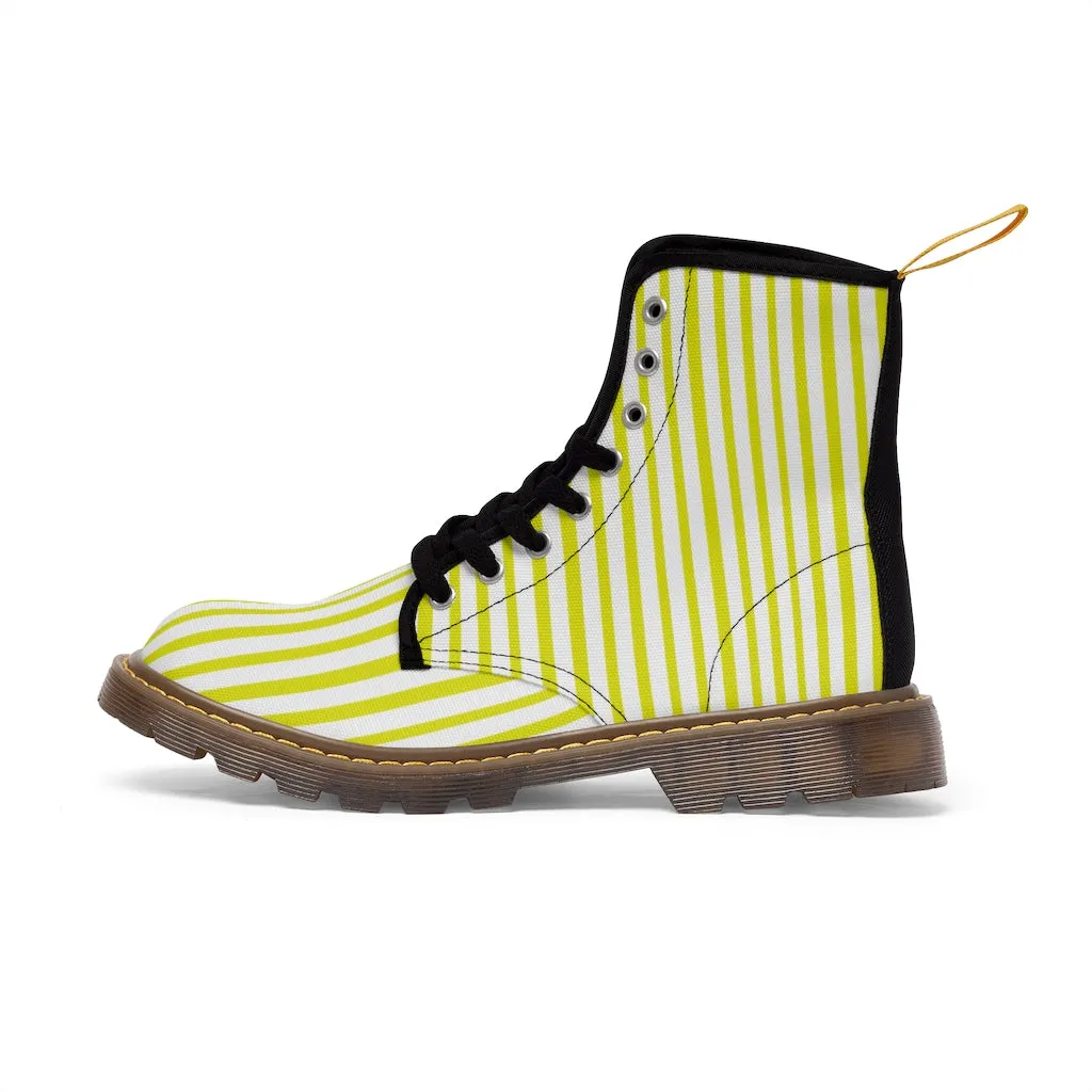 Yellow Striped Women's Canvas Boots, Vertically White Striped Print Winter Boots For Ladies